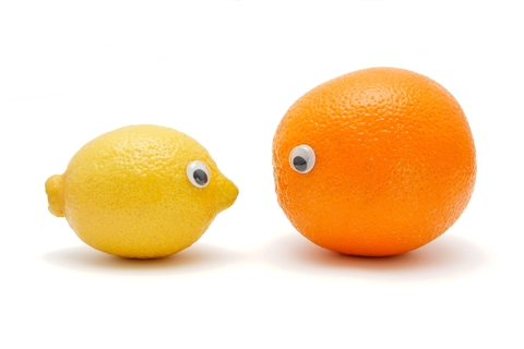 Lemon and orange with eyes pasted on